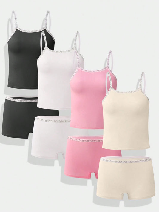 Tween Girl Minimalist Solid Color Padded Camisole & Breathable Hipster Panties Multicolor