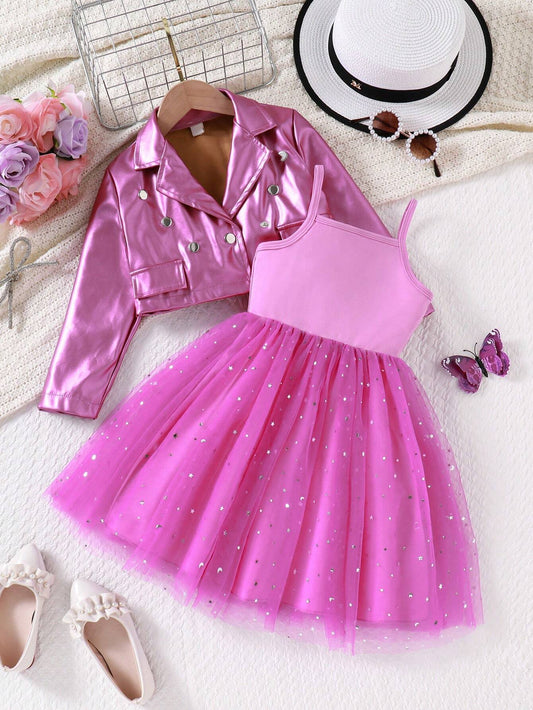 Young Girls Solid Color Fashionable PU Leather Jacket And Knitted Patchwork Star & Moon Mesh Slip Dress Purple