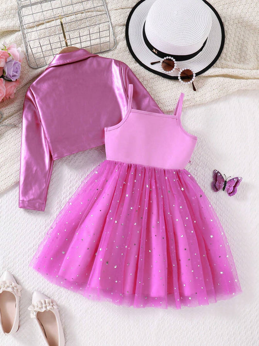 Young Girls Solid Color Fashionable PU Leather Jacket And Knitted Patchwork Star & Moon Mesh Slip Dress