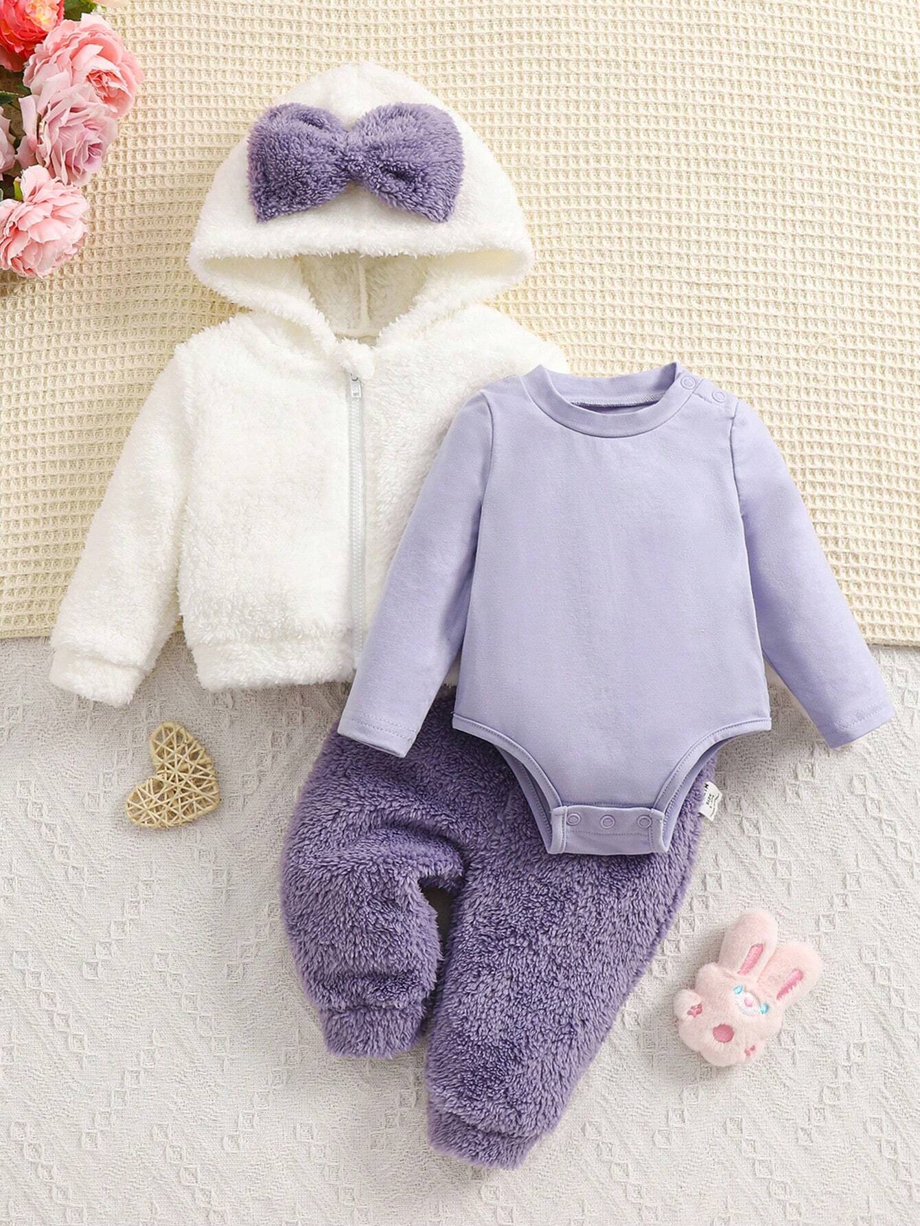 3-Piece Newborn Baby Girl Fall/Winter Warm Soft Fuzzy Bow Hooded Sweatshirt And Long Pants Knitted Jumpsuit Set White