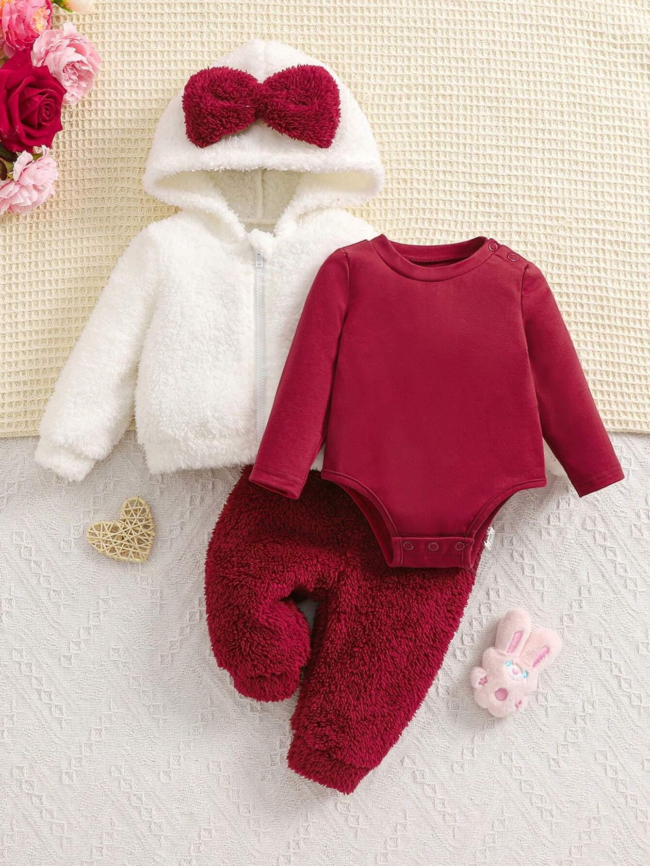 3-Piece Newborn Baby Girl Fall/Winter Warm Soft Fuzzy Bow Hooded Sweatshirt And Long Pants Knitted Jumpsuit Set Red