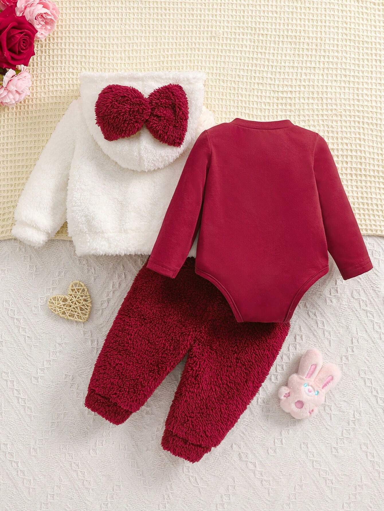 3-Piece Newborn Baby Girl Fall/Winter Warm Soft Fuzzy Bow Hooded Sweatshirt And Long Pants Knitted Jumpsuit Set