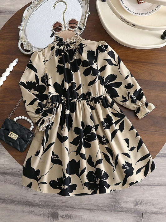 Young Girls French Vintage Floral Print Puff Sleeve Cinched Waist Loose Mid-Length A-Line Casual Dress Multicolor