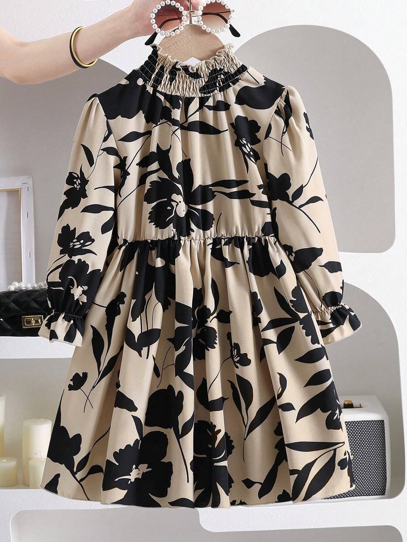 Young Girls French Vintage Floral Print Puff Sleeve Cinched Waist Loose Mid-Length A-Line Casual Dress