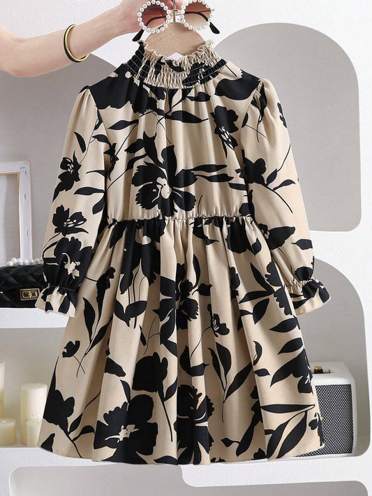 Young Girls French Vintage Floral Print Puff Sleeve Cinched Waist Loose Mid-Length A-Line Casual Dress