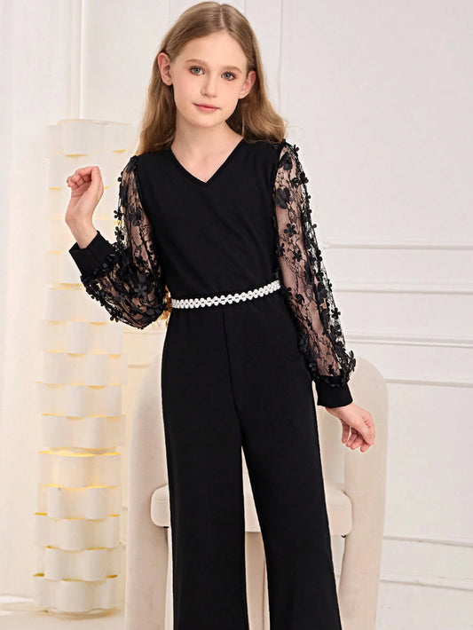 Tween Girl Appliques Mesh Sleeve Wide Leg Jumpsuit Without Belt Black