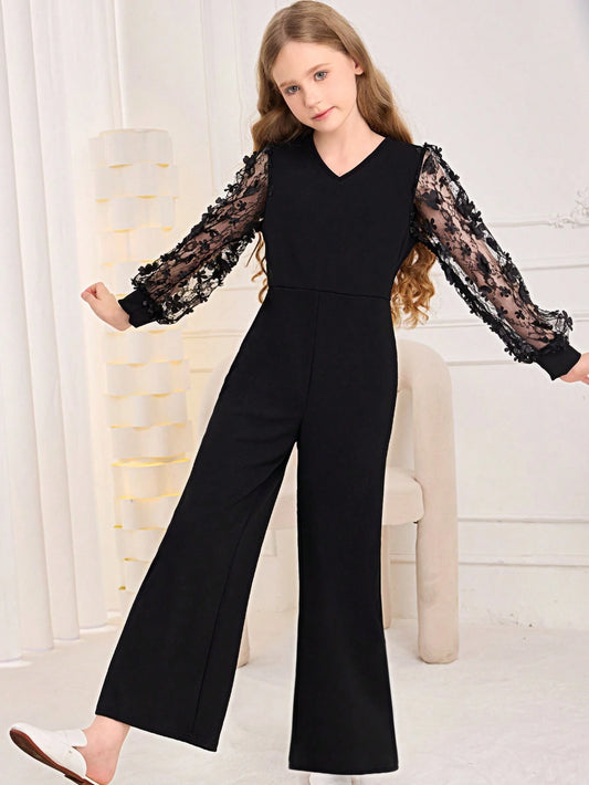 Tween Girl Appliques Mesh Sleeve Wide Leg Jumpsuit Without Belt