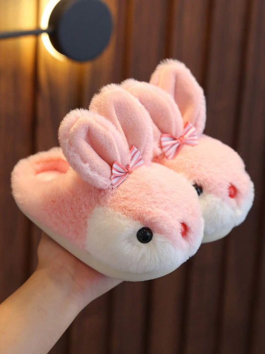 1 Pair Fluffy Rabbit Plush Flat Warm Slippers For Girls Pink