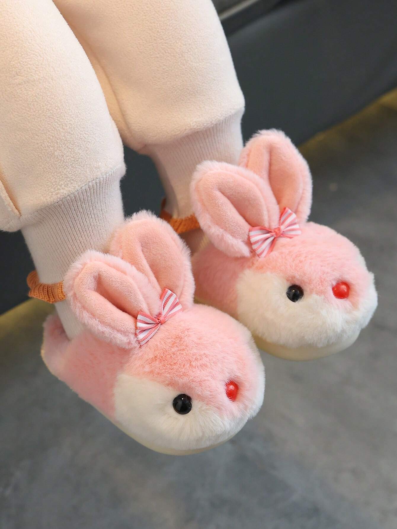 1 Pair Fluffy Rabbit Plush Flat Warm Slippers For Girls