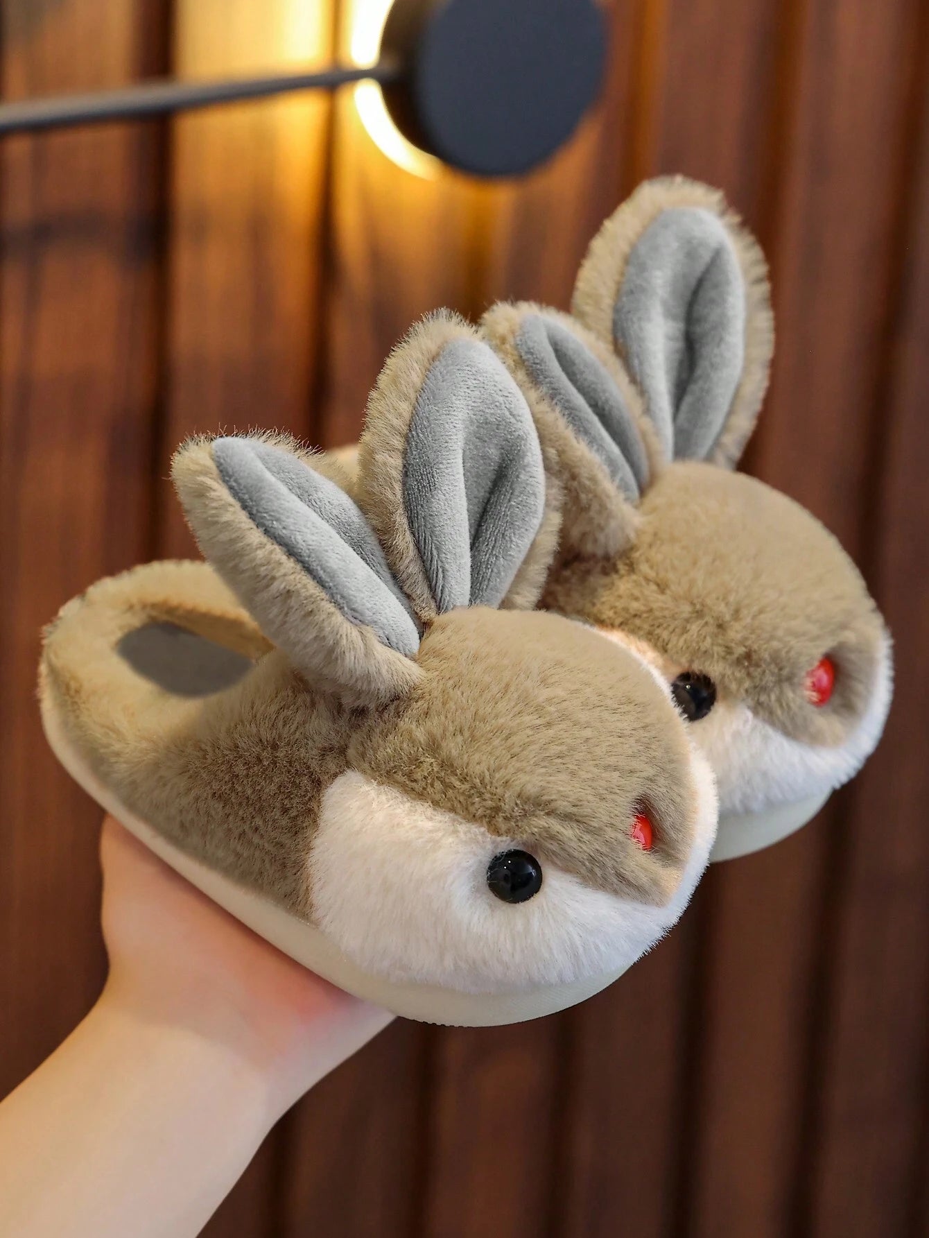 1 Pair Fluffy Rabbit Plush Flat Warm Slippers For Girls Khaki