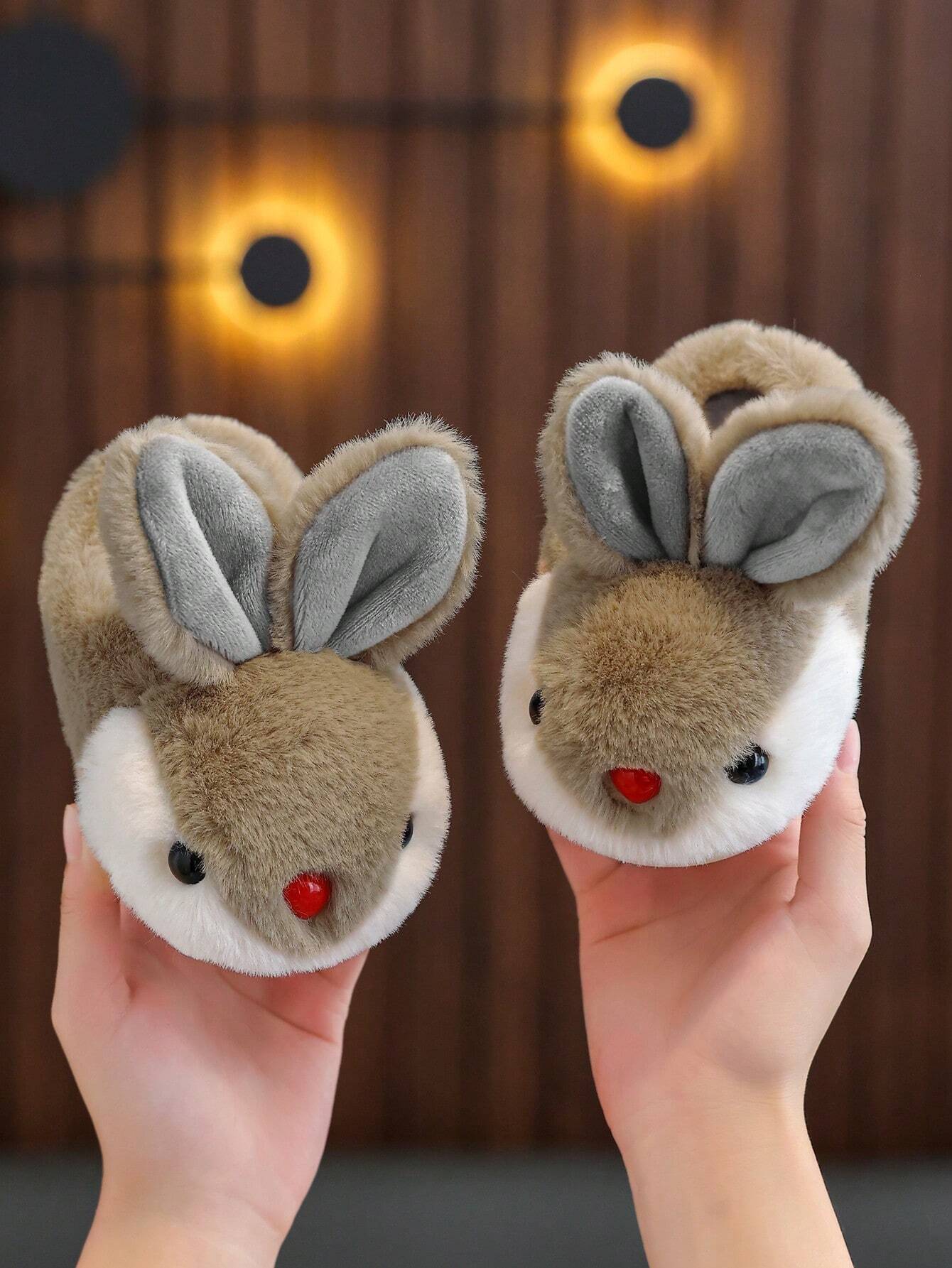 1 Pair Fluffy Rabbit Plush Flat Warm Slippers For Girls