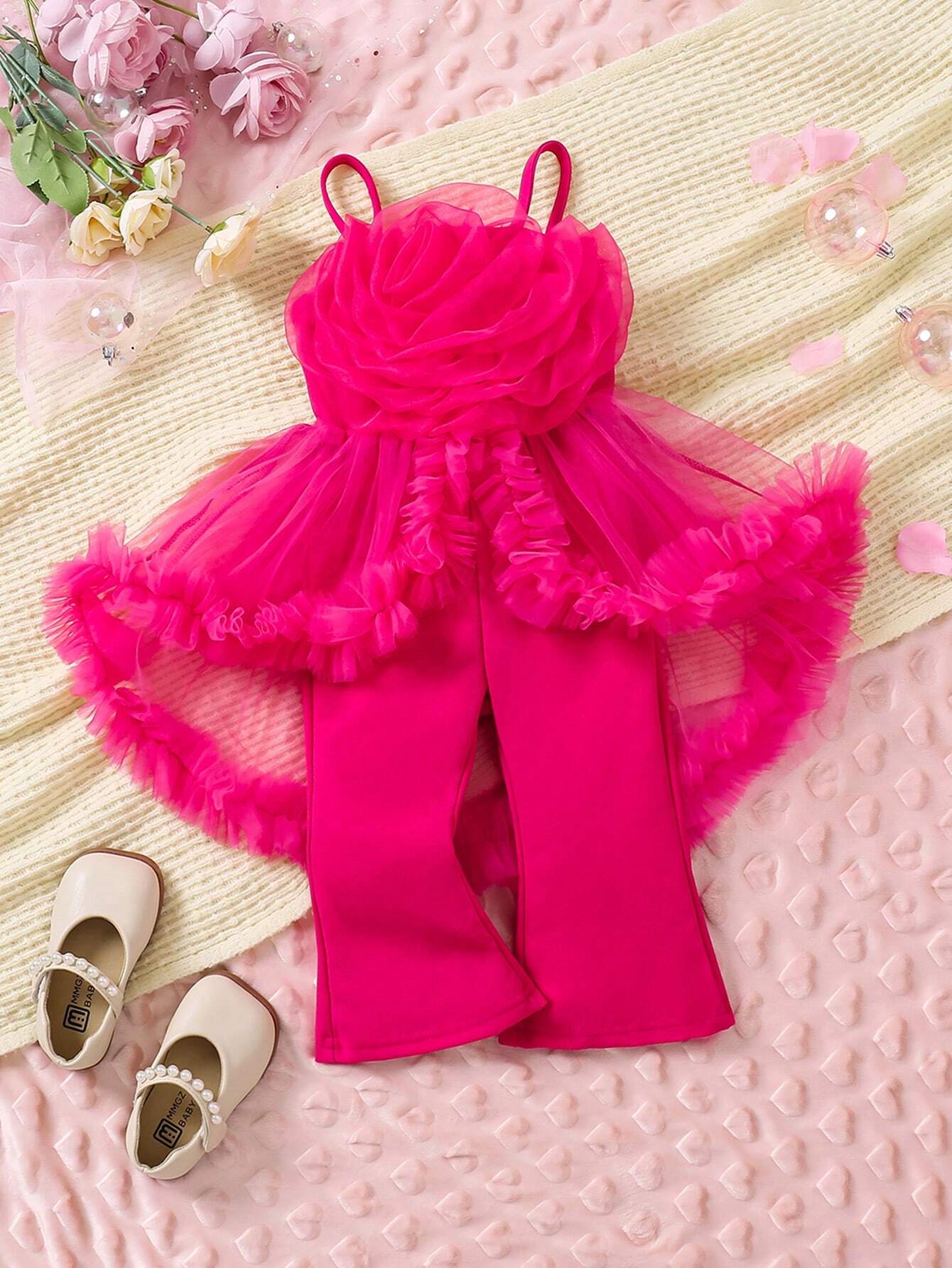 Baby Girls 3D Floral Ruffle Edge Elegant Stylish Casual Jumpsuit Multicolor