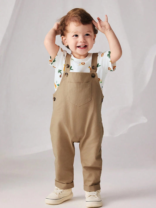 Cozy Pixies 2pcs Baby Boy's Coconut Tree, Lion, Monkey Pattern Knit Soft Crew Neck Pullover Top And Bib Shorts Set Khaki