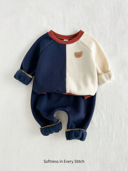 2pcs Baby Boy Bear Graphic Pullover Sweatshirt & Drawstring Pants Navy Blue 12-18M
