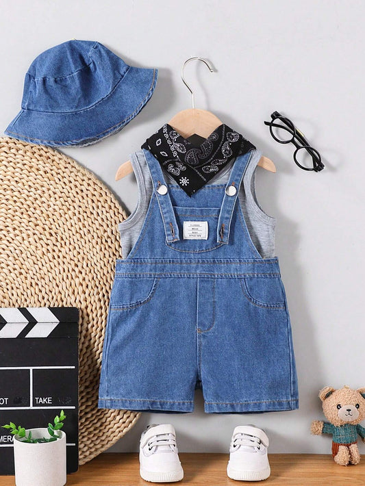 Baby Boys Distressed Denim Bib Overalls, Tank Top, Denim Bucket Hat & Red Bandana Fashion Outfit Grey