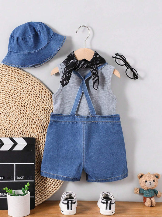 Baby Boys Distressed Denim Bib Overalls, Tank Top, Denim Bucket Hat & Red Bandana Fashion Outfit