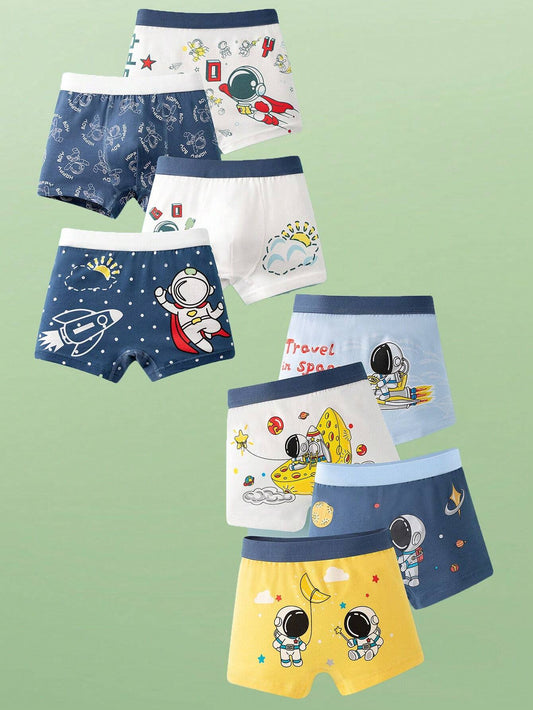 Cartoon Astronaut Printed Young Boy Boxers 8 Pairs Multicolor