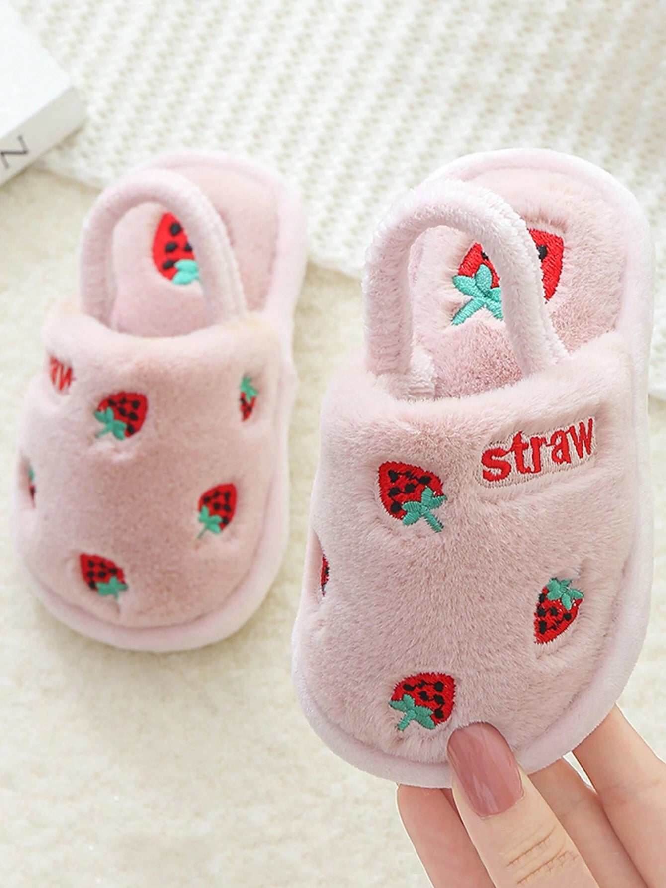 A Pair Of Fashionable And Cute Strawberry Embroidery Decorated Non Slip Warm Slippers Baby Pink