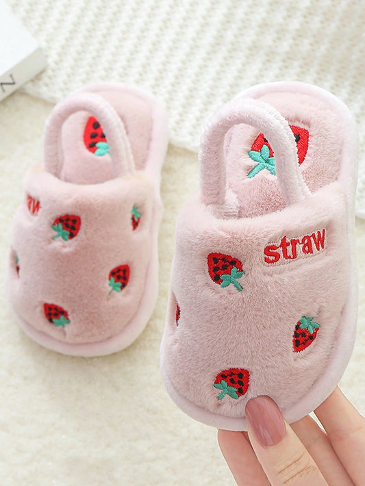 A Pair Of Fashionable And Cute Strawberry Embroidery Decorated Non Slip Warm Slippers Baby Pink