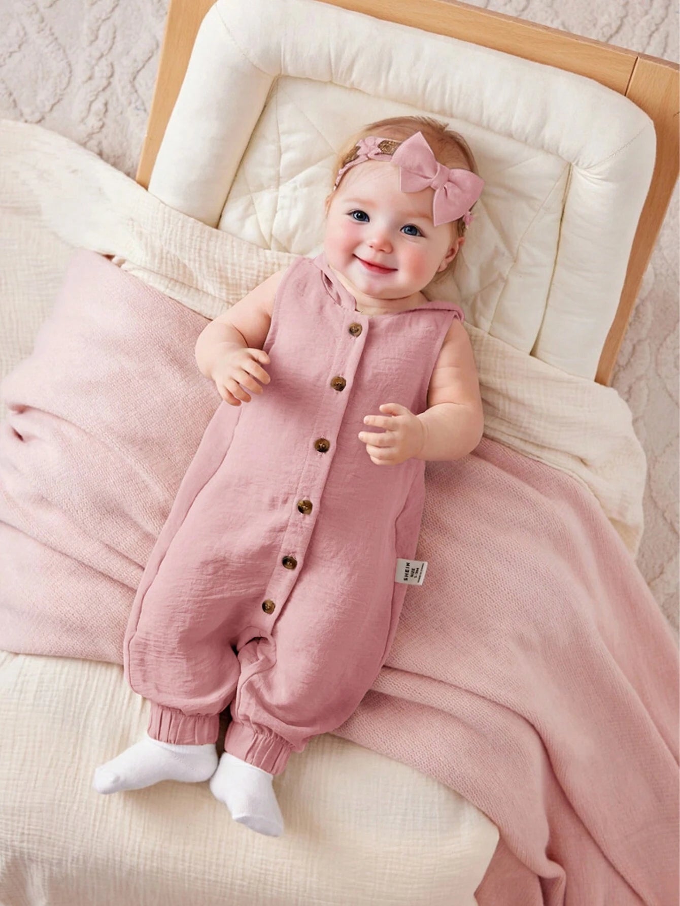 Baby Girl Simple Solid Color Knitted Sleeveless Hooded Jumpsuit Baby Pink