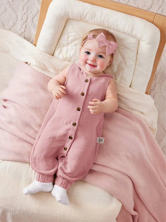 Baby Girl Simple Solid Color Knitted Sleeveless Hooded Jumpsuit Baby Pink