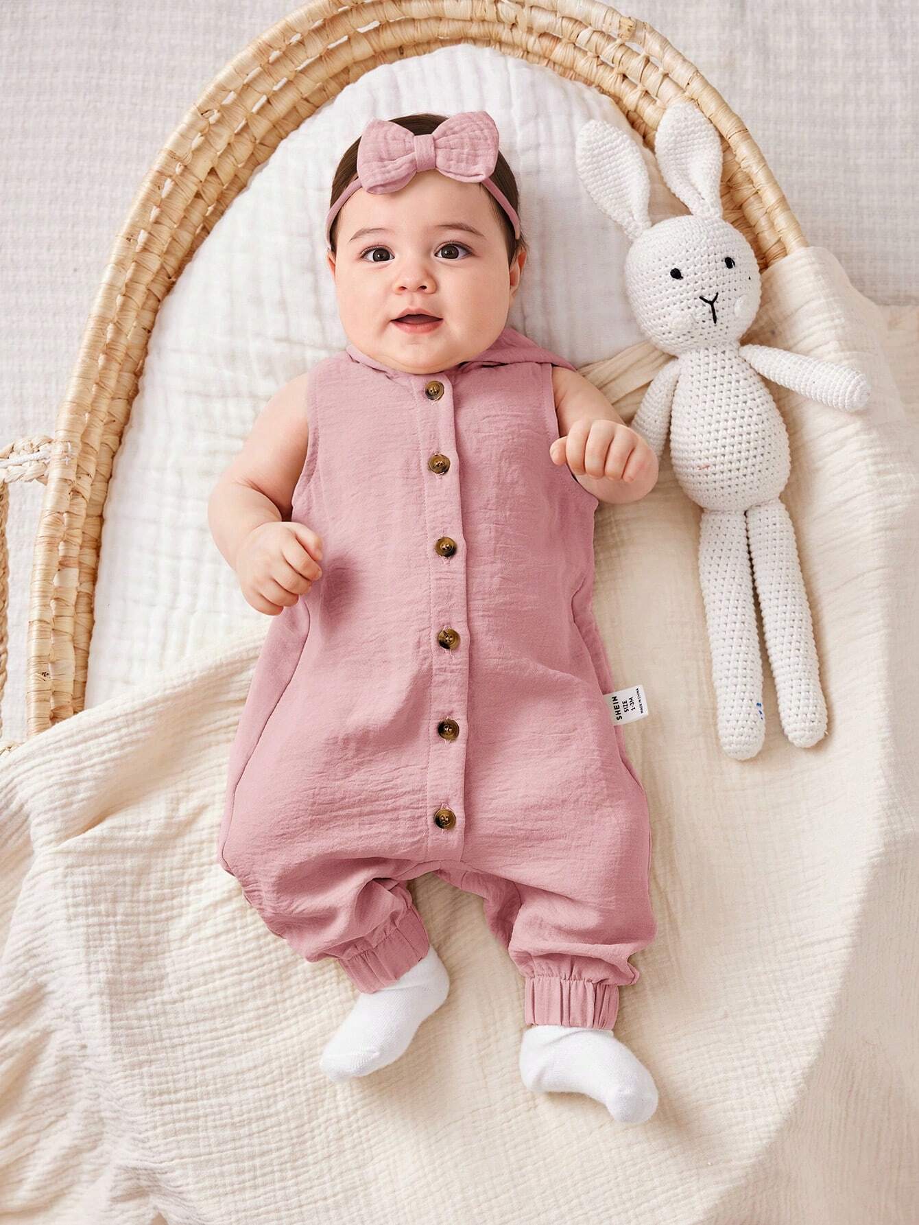 Baby Girl Simple Solid Color Knitted Sleeveless Hooded Jumpsuit