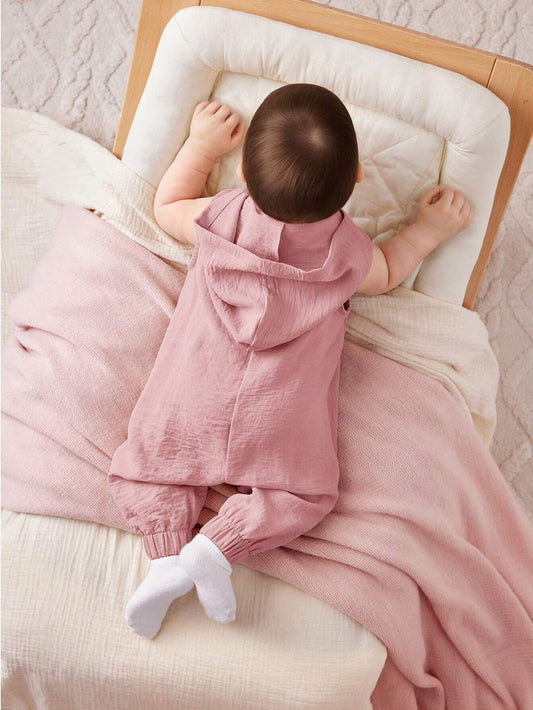 Baby Girl Simple Solid Color Knitted Sleeveless Hooded Jumpsuit