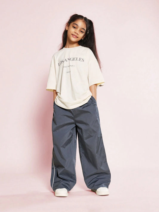 Tween Girls Oversized Fit Elbow Sleeve Tee With Los Angeles Graphic Print And Baggy Track Pant Multicolor