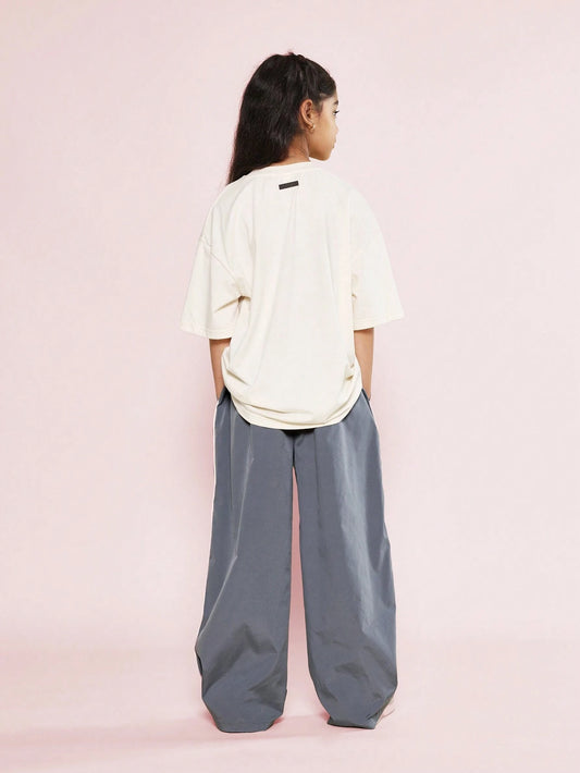 Tween Girls Oversized Fit Elbow Sleeve Tee With Los Angeles Graphic Print And Baggy Track Pant