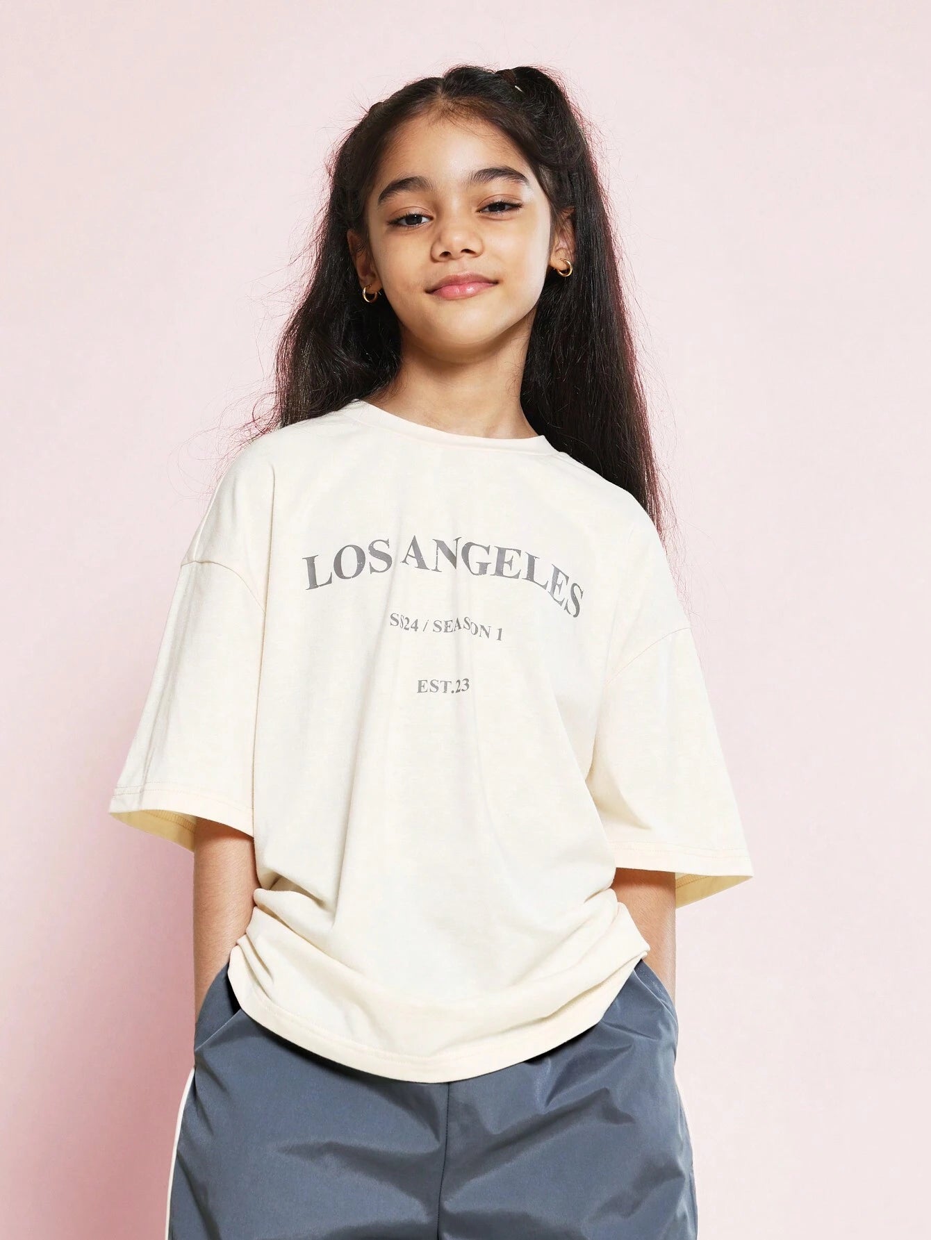 Tween Girls Oversized Fit Elbow Sleeve Tee With Los Angeles Graphic Print And Baggy Track Pant
