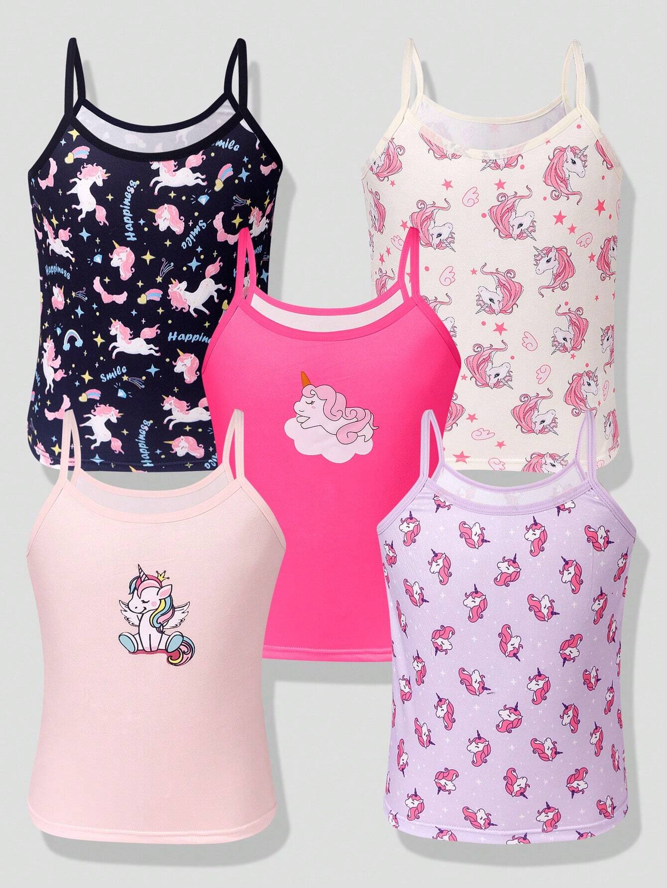 Tween Girl 5pcs/Set Unicorn Print Camisole Tank Tops Multicolor 2