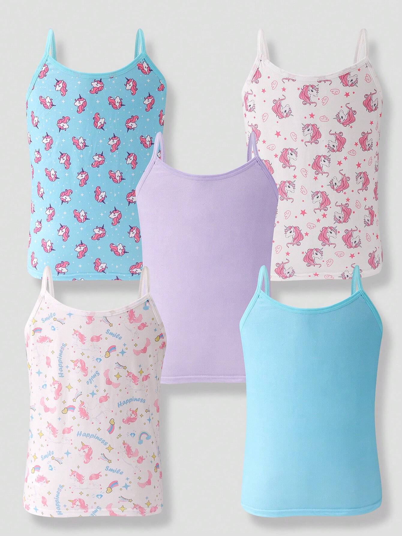 Tween Girl 5pcs/Set Unicorn Print Camisole Tank Tops