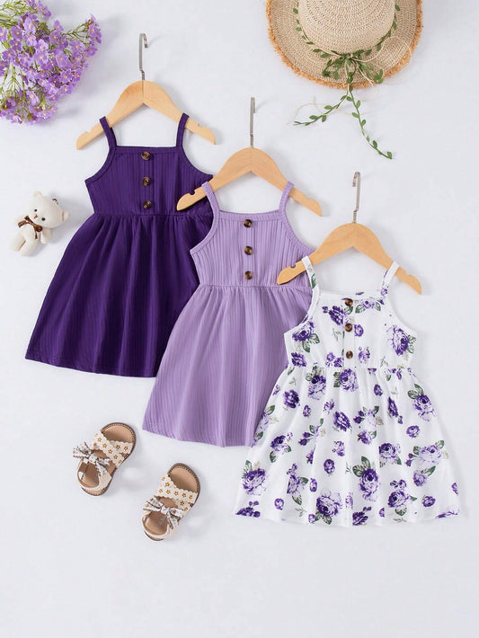 3pcs Baby Girls Floral Print Solid Ribbed Button Camisole Dress Set Purple