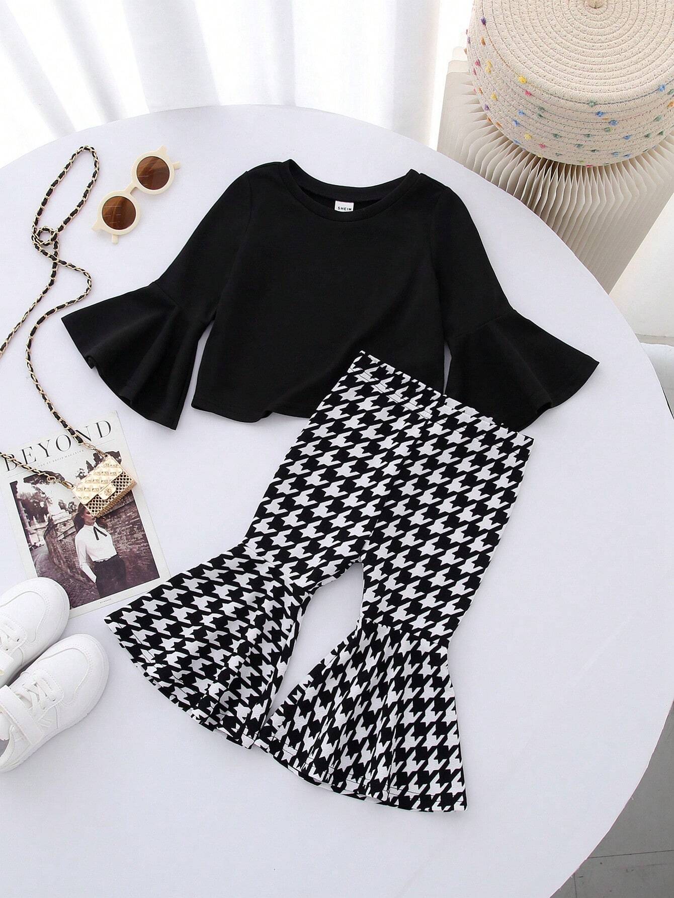 Baby Girl Cute Solid Color Ruffle Trim Long Sleeve Top And Houndstooth Flare Pants Set Black