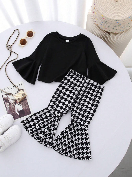 Baby Girl Cute Solid Color Ruffle Trim Long Sleeve Top And Houndstooth Flare Pants Set Black