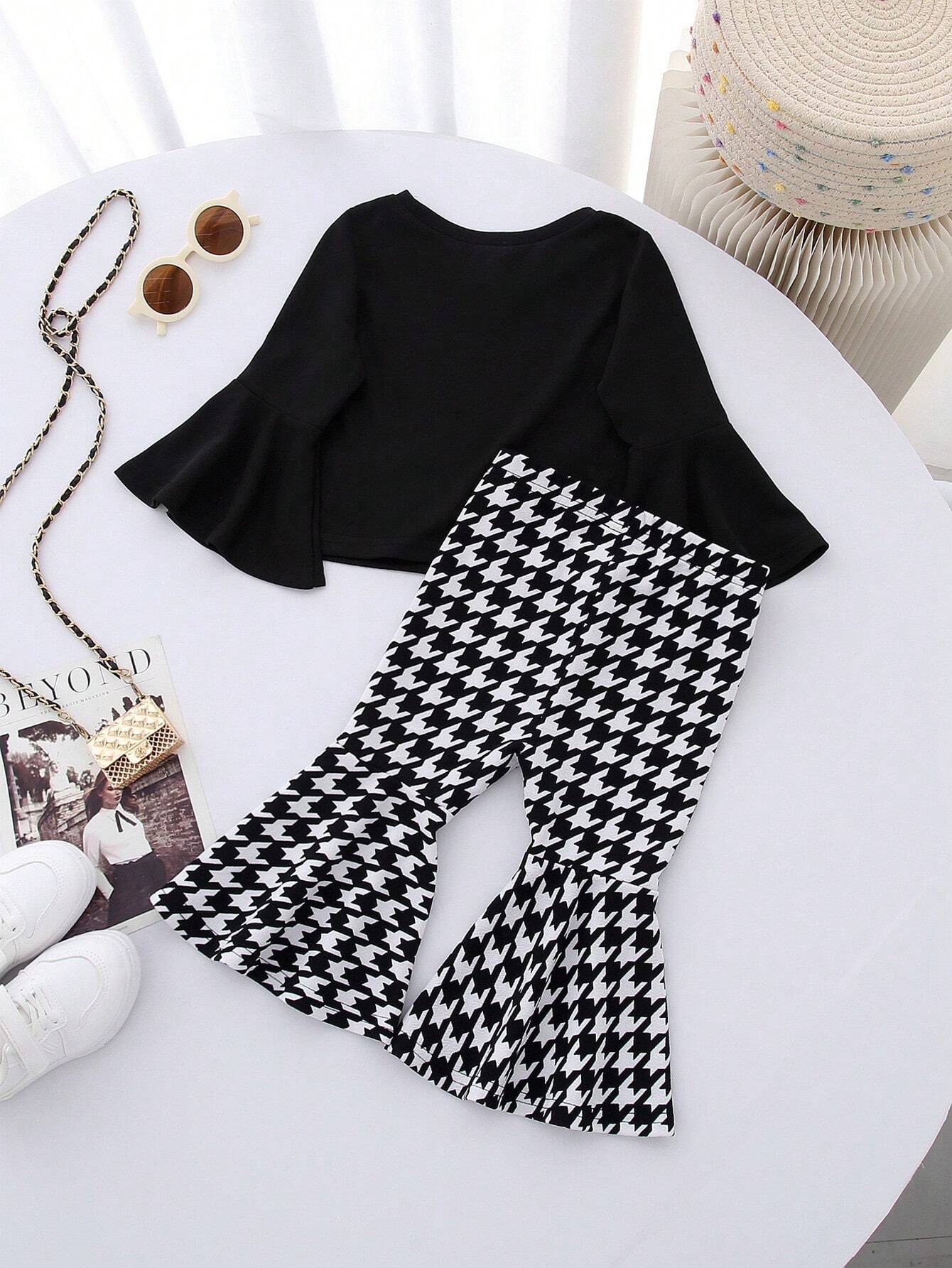 Baby Girl Cute Solid Color Ruffle Trim Long Sleeve Top And Houndstooth Flare Pants Set