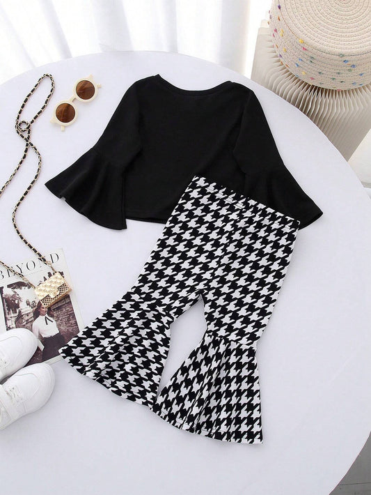 Baby Girl Cute Solid Color Ruffle Trim Long Sleeve Top And Houndstooth Flare Pants Set