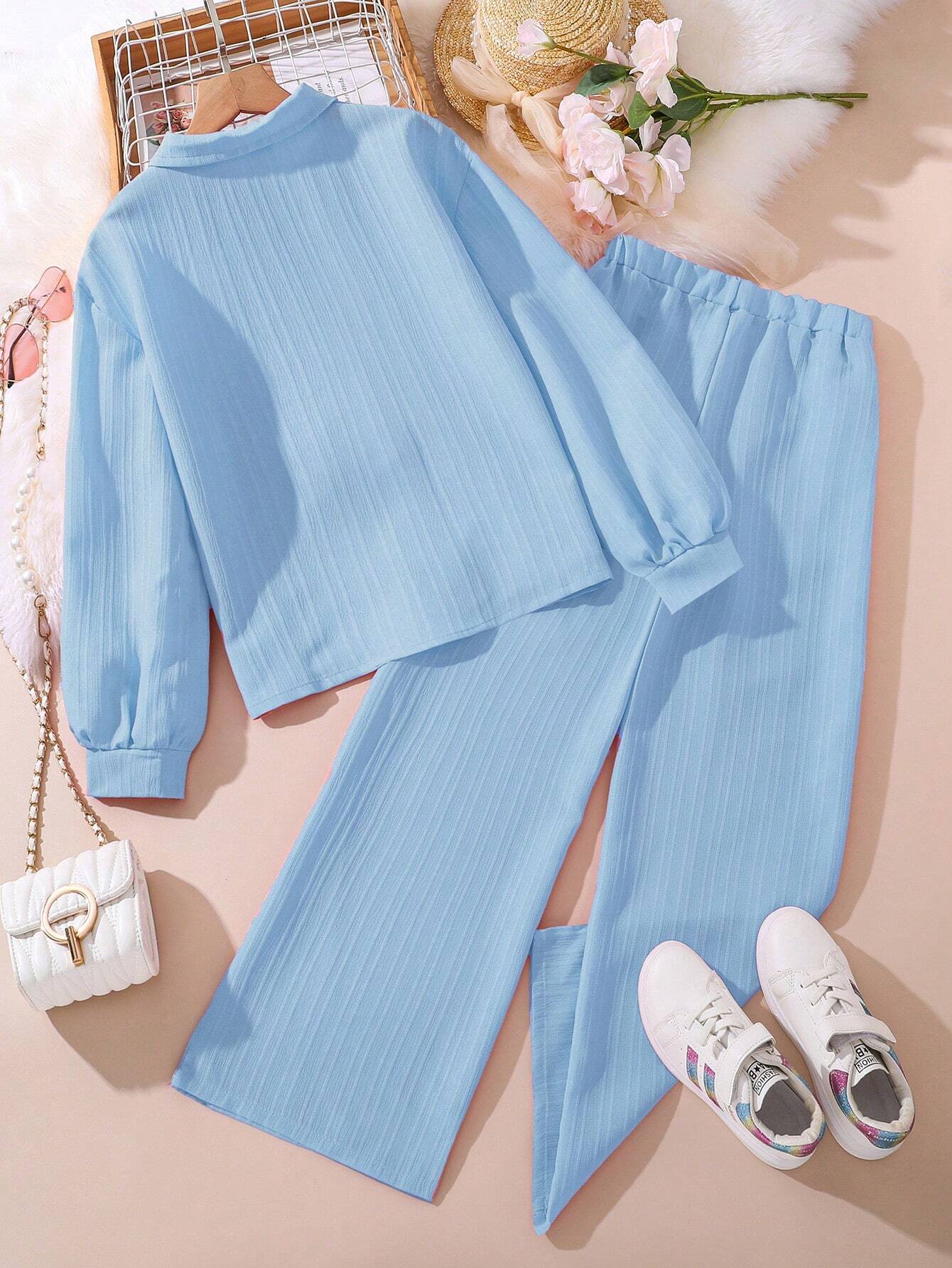 Tween Girl 2-Piece Set New Autumn Turn-Down Collar Long Sleeve Shirt And Long Pants