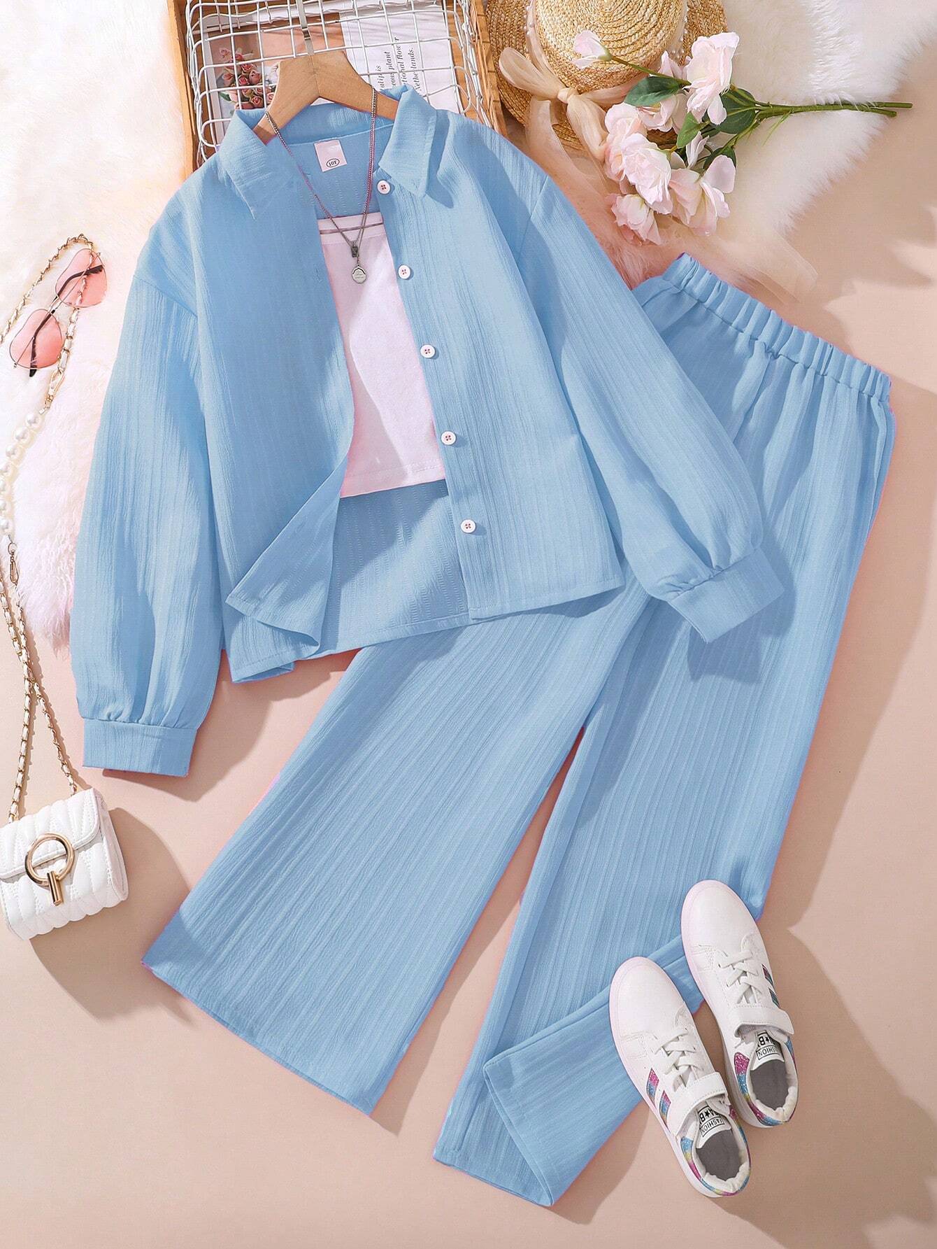 Tween Girl 2-Piece Set New Autumn Turn-Down Collar Long Sleeve Shirt And Long Pants Dusty Blue