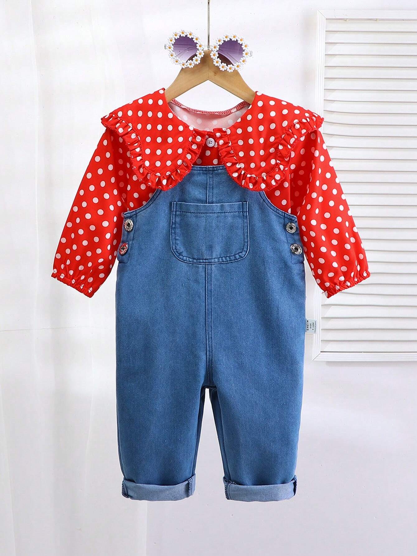 Baby Girls Fashion Polka Dot Shirt Top And Jumpsuit 2-Piece Outfit Multicolor