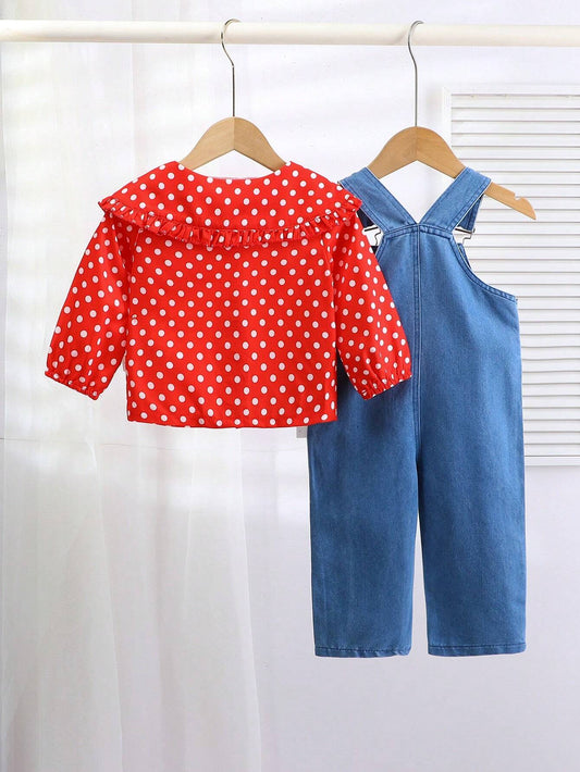 Baby Girls Fashion Polka Dot Shirt Top And Jumpsuit 2-Piece Outfit