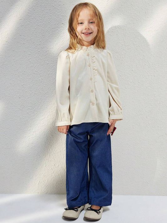 Young Girls' French Elegant White Ruffled Loose Long Sleeve Woven Blouse Apricot