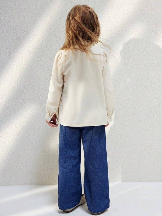 Young Girls' French Elegant White Ruffled Loose Long Sleeve Woven Blouse