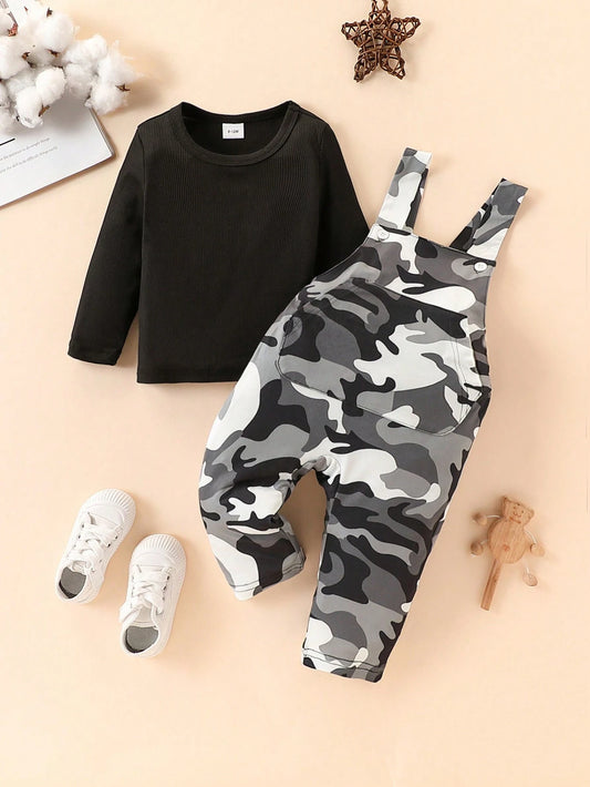 2pcs/Set Baby Boy Casual Solid Color Ribbed Long Sleeve T-Shirt And Camouflage All Over Print Jumpsuit Black & White