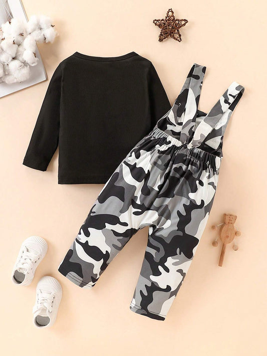 2pcs/Set Baby Boy Casual Solid Color Ribbed Long Sleeve T-Shirt And Camouflage All Over Print Jumpsuit