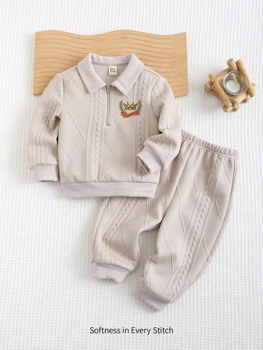 Baby Boy Floral & Letter Print Polo Collar Long Sleeve Top And Elastic Cuff Pants Beige 18-24M