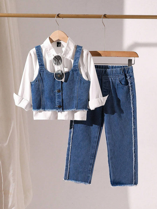 3pcs Young Girl Denim Jumper Blouse And Fringe Hem Pants Set Medium Wash