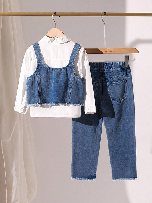 3pcs Young Girl Denim Jumper Blouse And Fringe Hem Pants Set