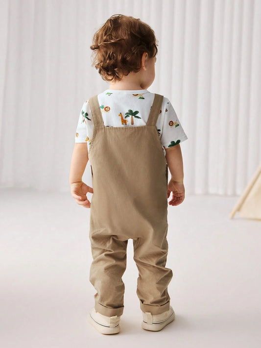 Cozy Pixies 2pcs Baby Boy's Coconut Tree, Lion, Monkey Pattern Knit Soft Crew Neck Pullover Top And Bib Shorts Set