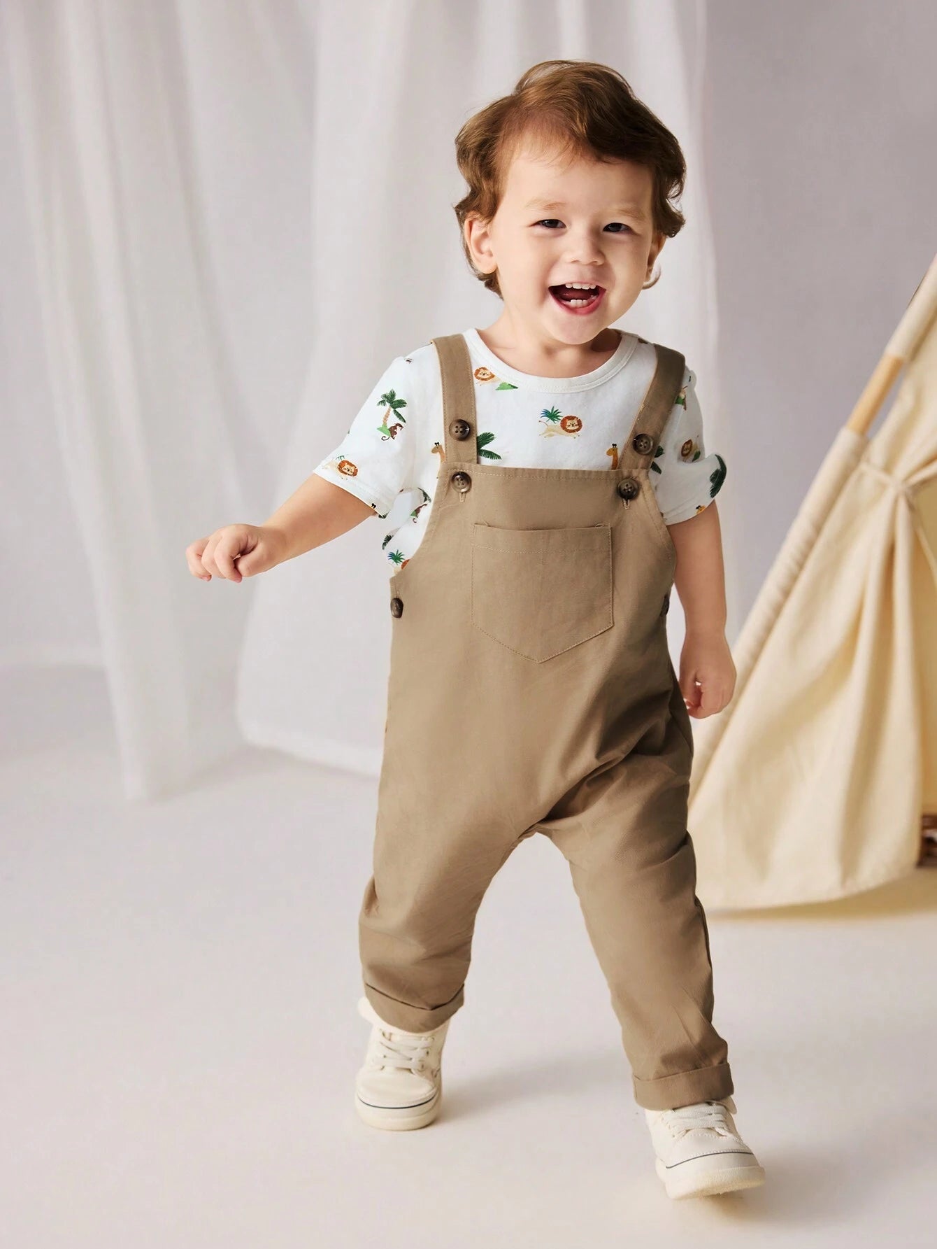 Cozy Pixies 2pcs Baby Boy's Coconut Tree, Lion, Monkey Pattern Knit Soft Crew Neck Pullover Top And Bib Shorts Set